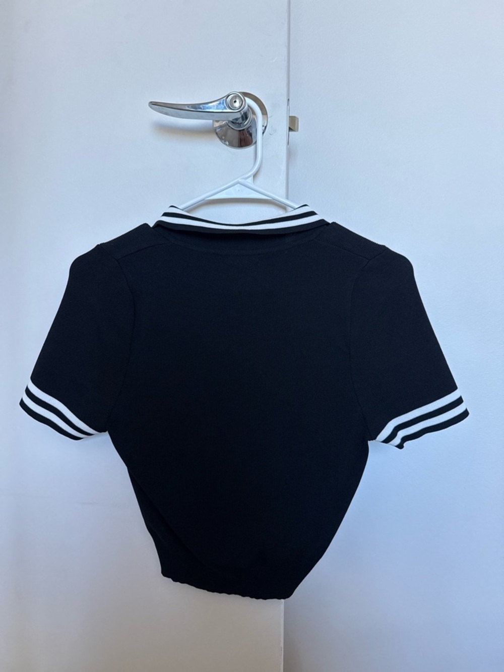 Black Knit Polo Top with White Stripe Trim - Picture 2 of 2